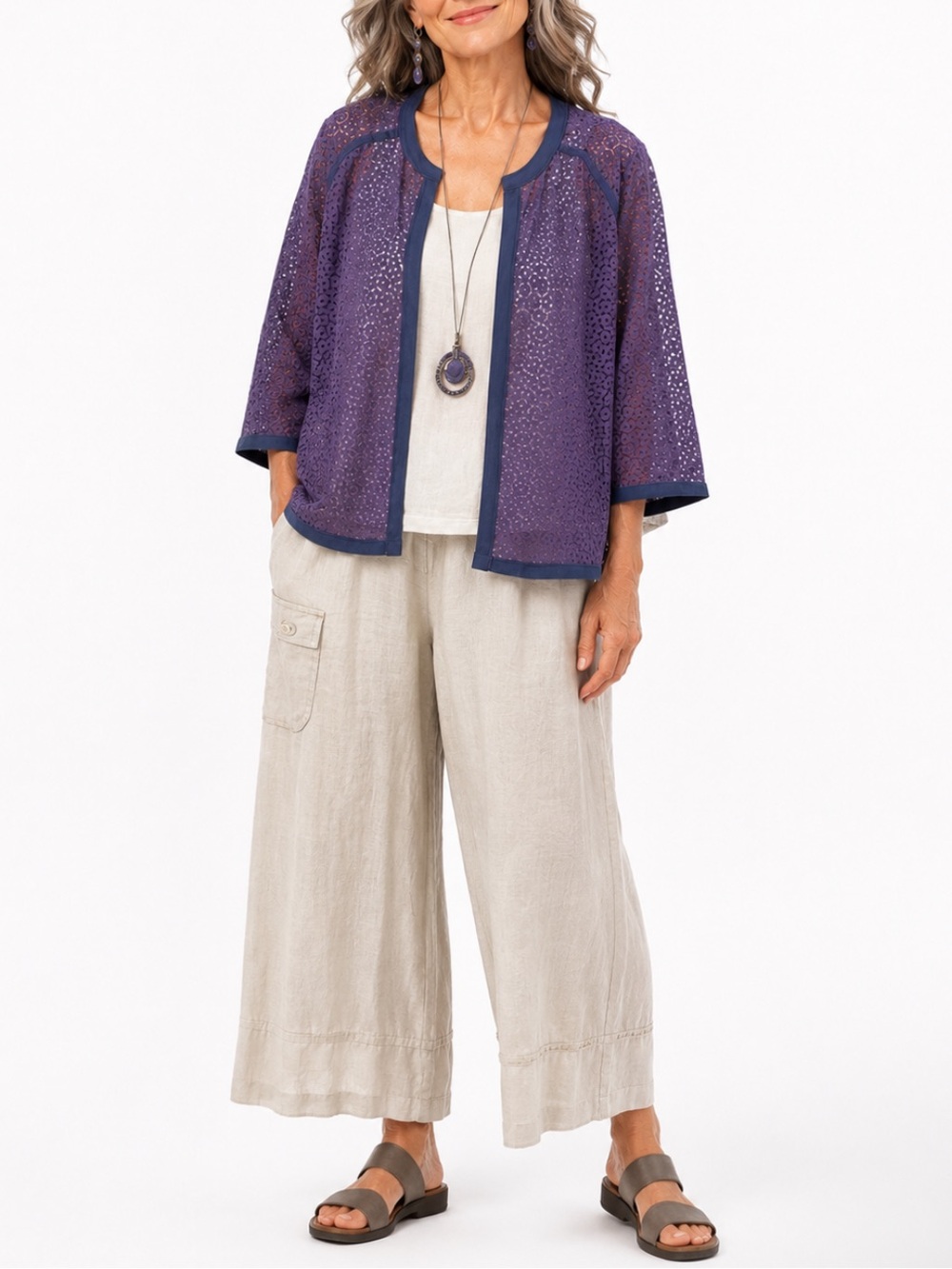 Chico’s Eyelet Lace Open Front Layering Topper Art Wear Relaxed Modest Lagenlook - Picture 1 of 6